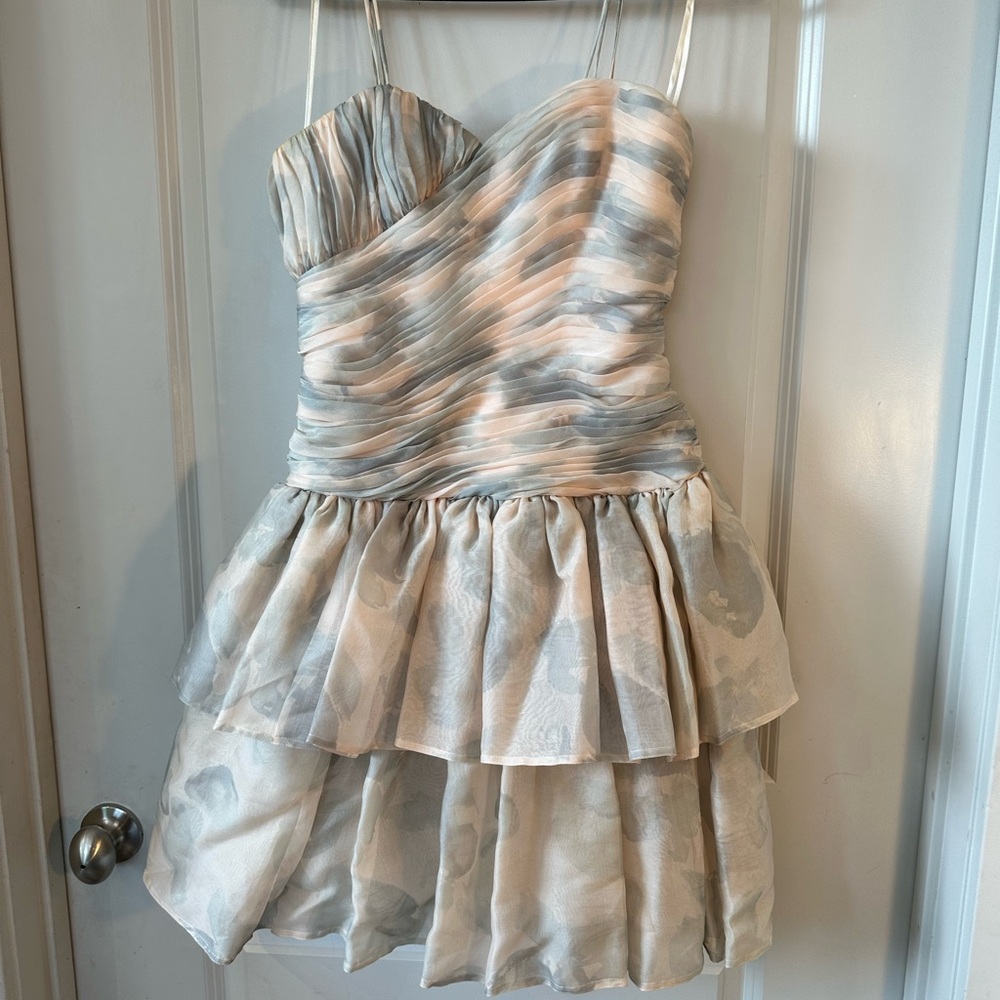 VTG SILKS by St.Gillian 100%Silk Ruched Front Pink&Gray Sweetheart Ruffle Dress